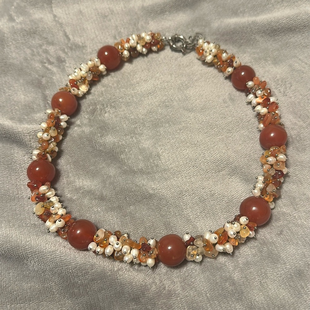Artisan Carnelian and fresh water pearl beats necklace